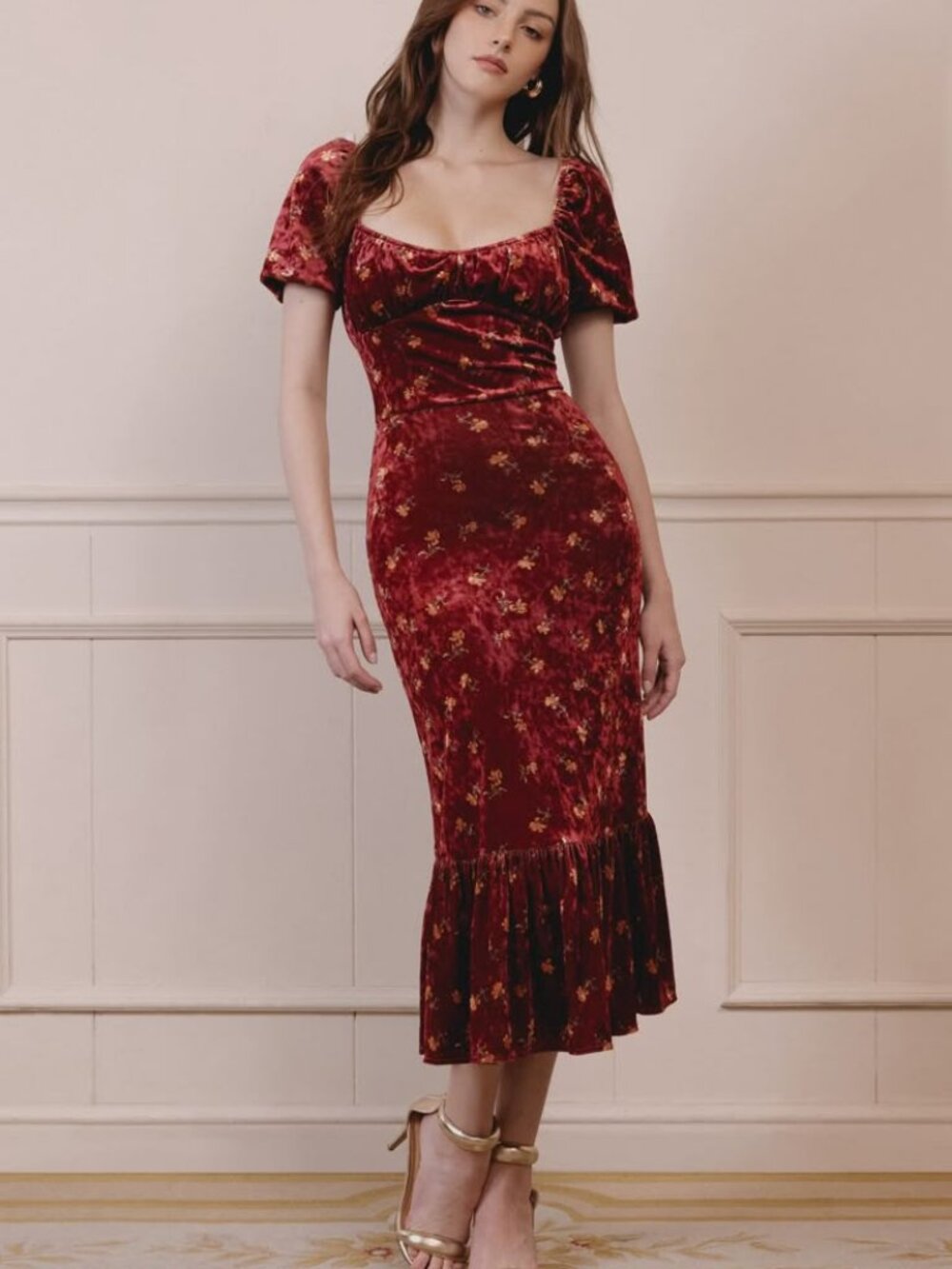 Lait Collection Brielle Floral Velvet Midi Dress Burgundy L Bloggers Fave
